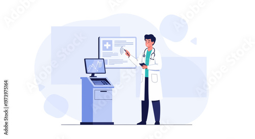 Doctor interacting with digital medical display and kiosk in modern clinic