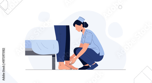 Nurse helping patient with shoes, medical assistance, healthcare concept illustration