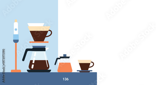 A minimalist flat illustration showcasing a coffee pour-over setup, a pitcher, and a cup on a blue counter against a two-tone background.