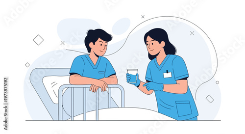 Nurse giving water to patient in hospital bed, healthcare and medical care illustration