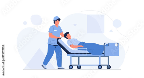 Nurse pushing patient on hospital bed, medical care, healthcare concept