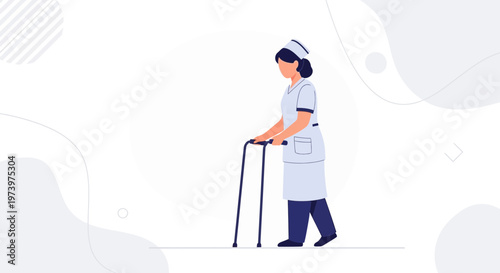 Nurse assisting elderly patient with walker, healthcare and support concept