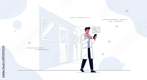 Doctor using smartphone in hospital hallway, medical technology concept