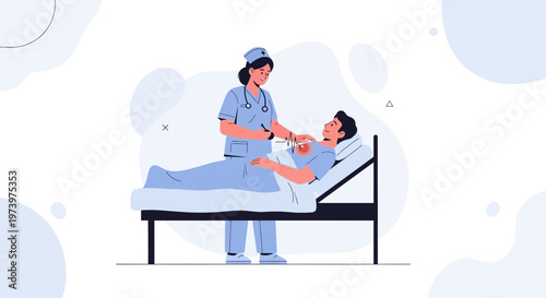 Nurse checking patient's pulse in hospital bed, medical care illustration