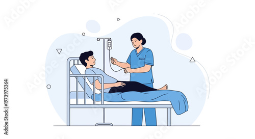 Nurse Administering IV Drip to Patient in Hospital Bed - Medical Care Illustration