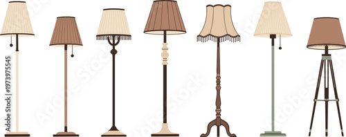 Classic Floor Lamp Vector Set Featuring Assorted Vintage and Modern Lampshades on Tall Stands for Cozy Interior Lighting and Home Decor Graphic Designs