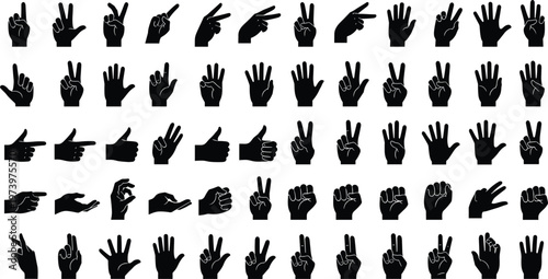Black Hand Silhouette Vector Set Featuring Various Gestures Counting Pointers and Fists for Communication Sign Language and Interactive Graphic Designs
