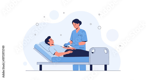 Nurse Administering IV Drip to Patient in Hospital Bed - Medical Illustration