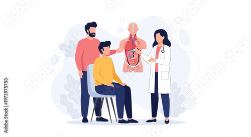 Doctor explaining anatomy to patients, male doctor, patient, medical illustration