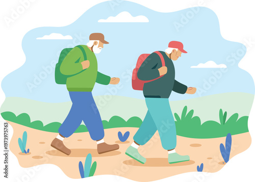 Two hikers walking with backpacks flat design vector illustration for travel and outdoor use