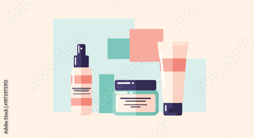 Modern flat vector illustration of skincare products like a spray, jar, and tube, arranged against a minimalist pastel geometric background.