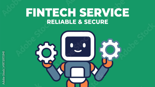 Fintech Service Robot Holding Gears Representing Reliable and Secure Technology.