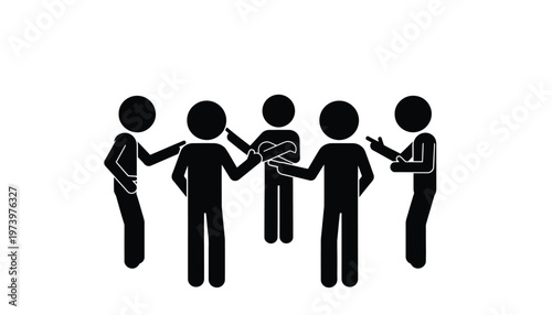 Stick figures illustrating a group conflict with individuals pointing fingers and showing blame or accusation.