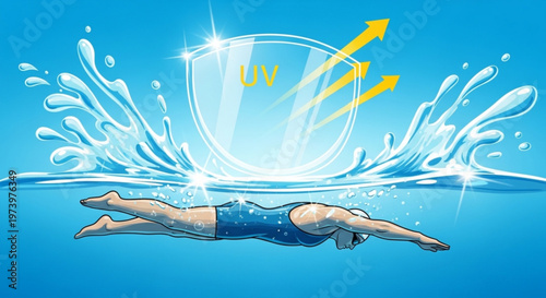 Swimmer in pool protected by invisible UV shield from sun rays illustration