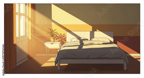Cozy bedroom interior with warm morning sunlight streaming through window onto comfortable bed and bedside table with potted plants in flat illustration