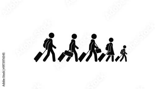An illustration showing a family of stick figures traveling together with luggage, depicting a journey or vacation.