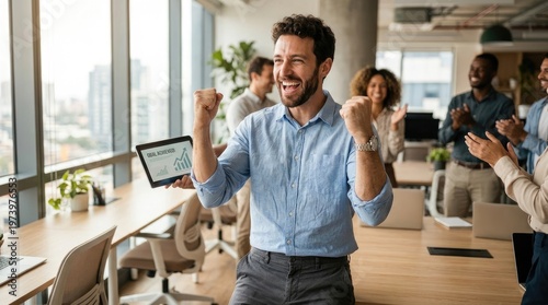 A man is celebrating a business achievement with his colleagues in a modern office. He is raising a tablet displaying a graph showing upward growth, while his colleagues cheer and applaud.
