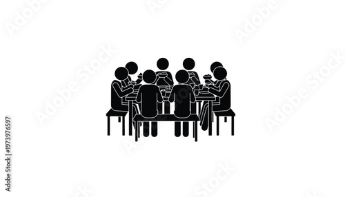 Group of stick figure people sitting around a long dining table eating together during a festive meal