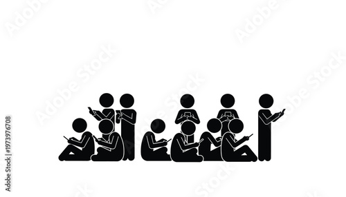 Black silhouette stick figures show a group of people using smartphones, tablets, or other mobile devices.