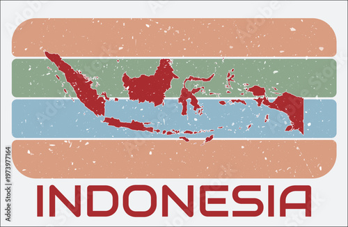 Indonesia vintage logo. Shape of the country on retro colored stripes background. Indonesia map design with grunge scratch texture. Vector illustration.