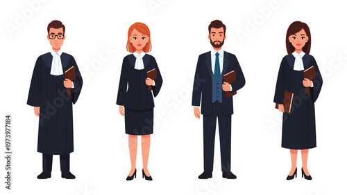 Diverse Legal Professionals Illustration: Lawyers, Judges, Barristers & Attorneys in Formal Attire. Law & Justice Concept Vector.