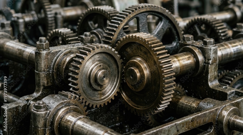 Fototapeta premium A complex industrial gear system is prominently displayed. Multiple gears of varying sizes interlock and rotate, creating a dense arrangement of metal components.
