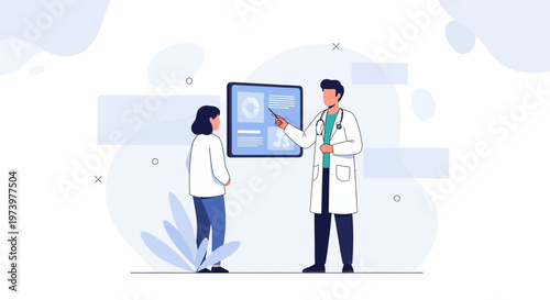 Doctor explaining medical results to patient on screen, healthcare consultation, flat illustration