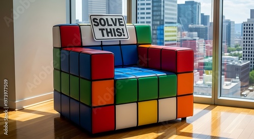 Armchair shaped like a rubiks cube with a solve this sign in a room with city window view