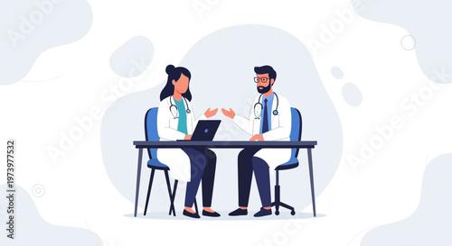 Two doctors in white coats discussing medical case with laptop at desk