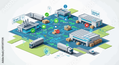 Isometric vector illustration depicting an industrial supply chain manufacturing logistics process, showing factories, warehouses, and trucks interconnected with digital nodes