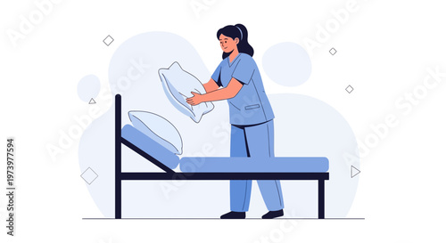 Nurse Making Bed with Pillow in Hospital Room, Healthcare Illustration