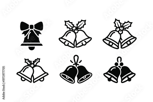 Black silhouette images of christmas bells and holly leaves adornment