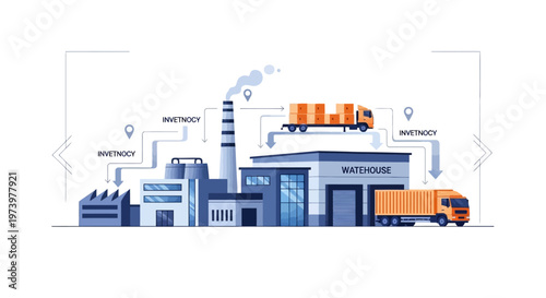 Overhead vector illustration depicting a factory connected via logistics to a warehouse, with trucks carrying inventory and emitting smoke against a clean white background, visualizing