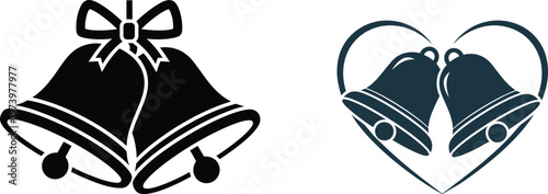 Black wedding bells silhouette with ribbon bow and heart shape icon set