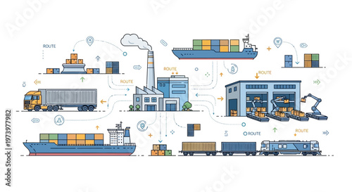 A supply chain vector illustration depicts the flow of goods from a manufacturing factory to ports, warehouses, and trucks, showcasing business and logistics operations with a clean