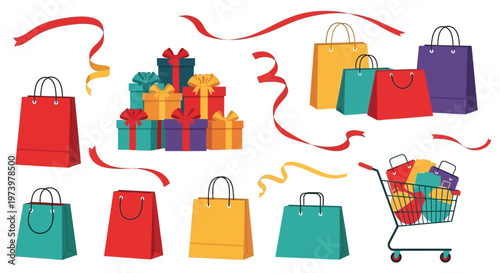A shopping cart filled with colorful bags and gifts surrounded by ribbons and presents on a retail store shopping spree.