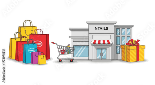 Vector illustration of online shopping with colorful gifts and a cart outside a store