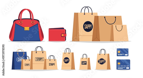 Vector illustration of various shopping bags and wallets on a white background for online store delivery concept