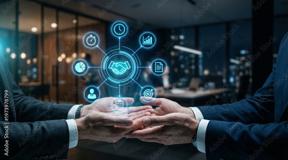 Obraz premium Digital Partnership: An artistic portrayal of a digital handshake between two business figures, symbolizing a fusion of modern technology and human collaboration for mutual success.