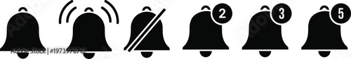 Notification bell icon set with ringing silent and unread message number badges