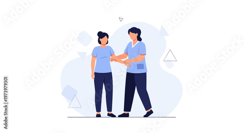 Nurse assisting elderly woman with walking, rehabilitation, physical therapy, healthcare concept