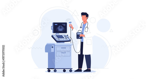 Doctor using ultrasound machine for medical scan, modern healthcare technology