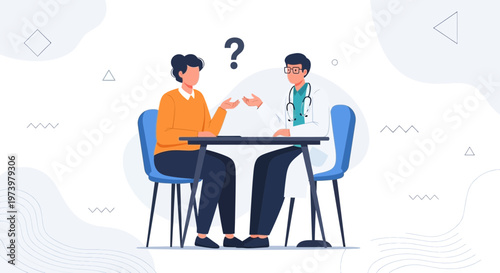 Doctor consulting patient with question mark, healthcare concept