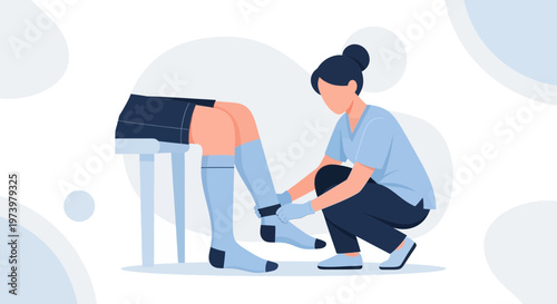 Physical therapist assisting patient with compression sock application on leg