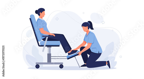Physical therapist assisting patient with foot exercise on a device in a clinic