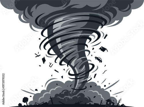 Powerful destructive tornado swirling and tearing apart debris and vehicles in a dramatic storm