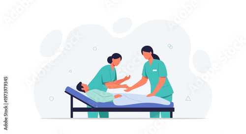 Nurses caring for patient on medical bed, healthcare concept