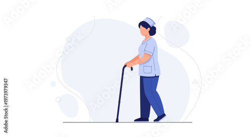 Nurse with cane walking, healthcare, medical assistance, elderly care, support