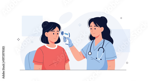 Nurse taking patient's temperature with infrared thermometer, healthcare concept illustration