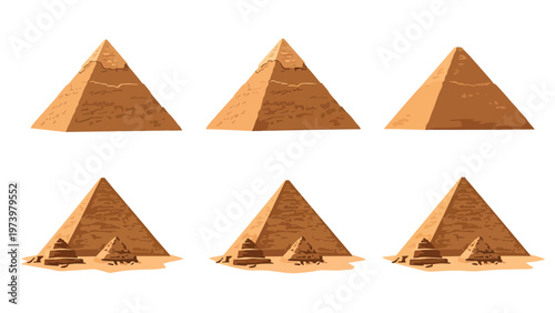 Ancient Egyptian Pyramids Vector Illustration Set. Historical Desert Landmark Architecture Collection on White.